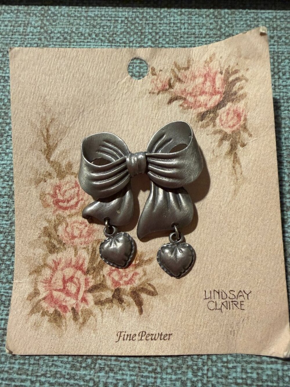 Lindsay Claire Fine Pewter Bow & Heart Brooch Signed LCD